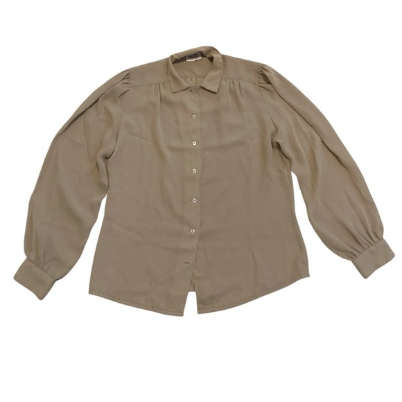 Mister Leonard Tops - Vtg Mister Leonard by Len Wasser Blouse | Tan/Khaki Puffed Shoulder Button-Up M